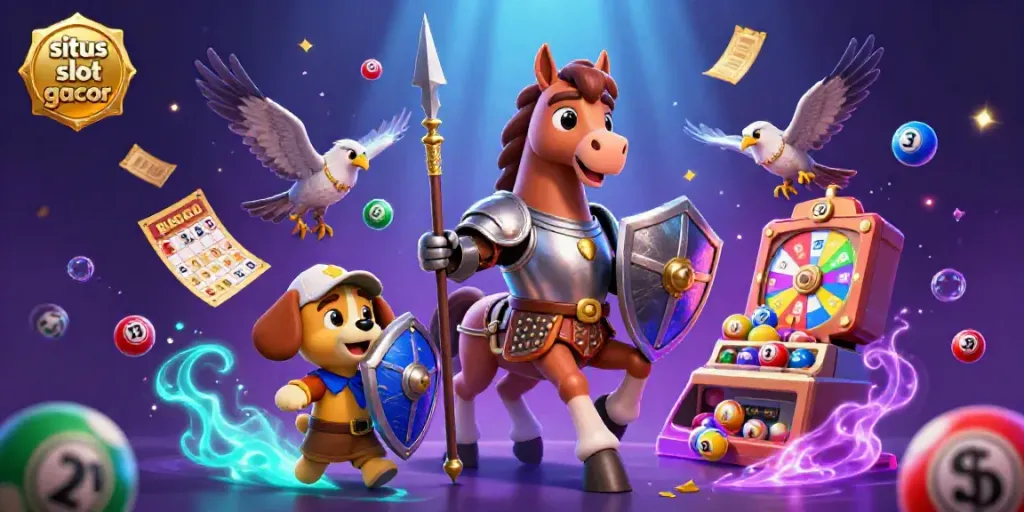 Engaging 3D art featuring situs slot gacor with a knight, puppy, and falcon, surrounded by vibrant casino elements.