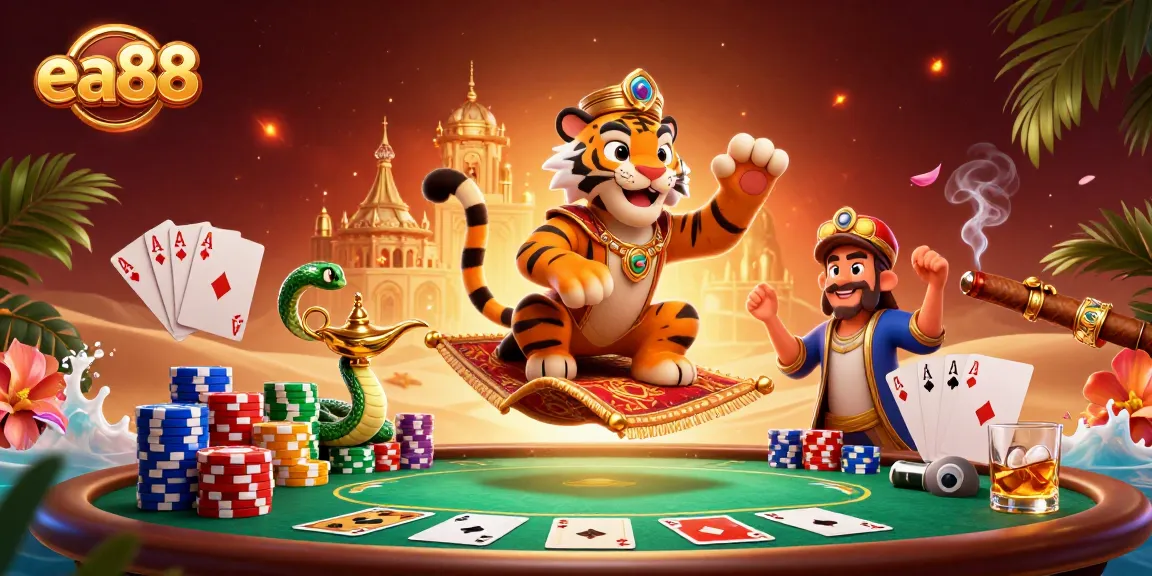 Engage with the thrilling world of ea88 featuring a vibrant 3D scene full of poker excitement and opulence.
