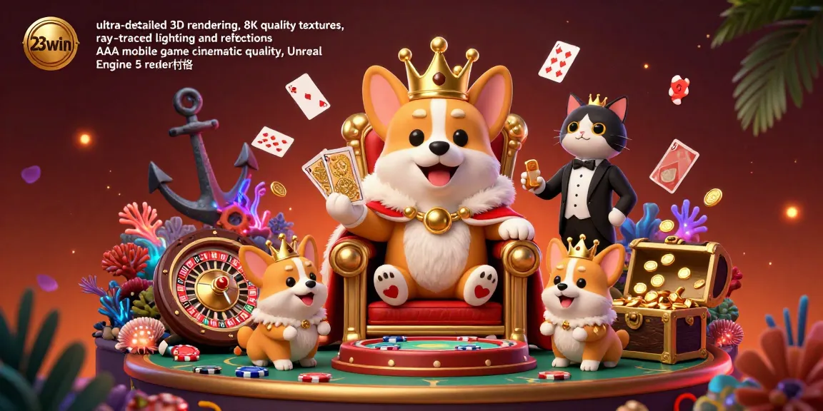 Experience winning at 23win with dynamic casino adventures featuring a royal corgi and vibrant game elements.