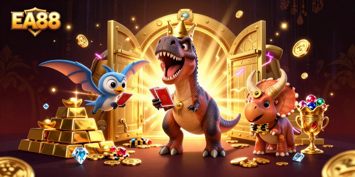 Engage with EA88's vibrant online casino adventure featuring cartoon dinosaurs enjoying card games and stacking chips.