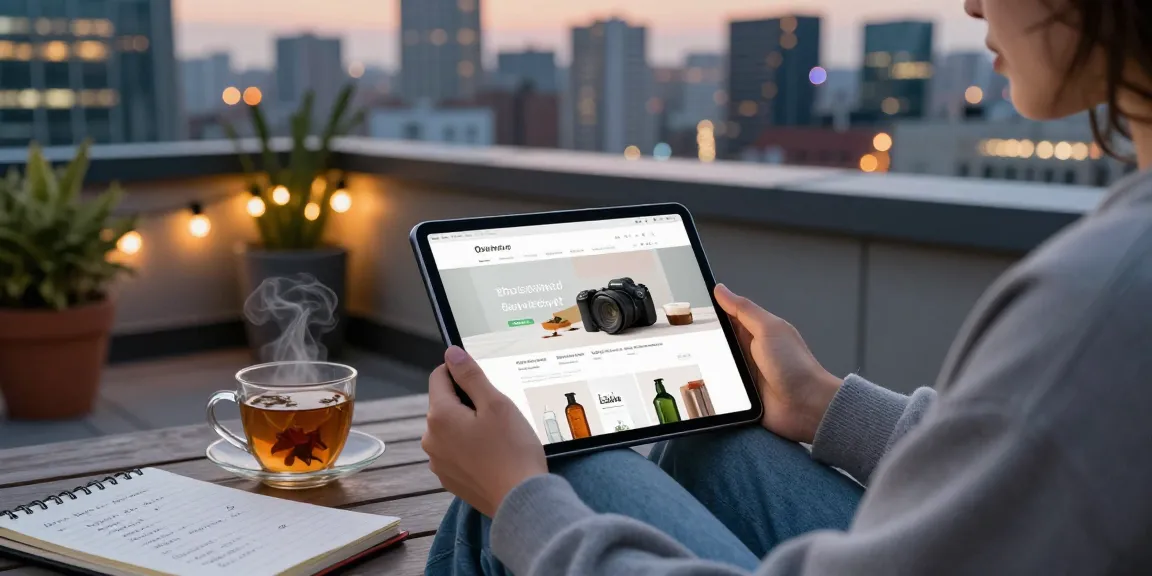 Person browsing to buy cocaine powder online on a tablet from a stylish urban rooftop.