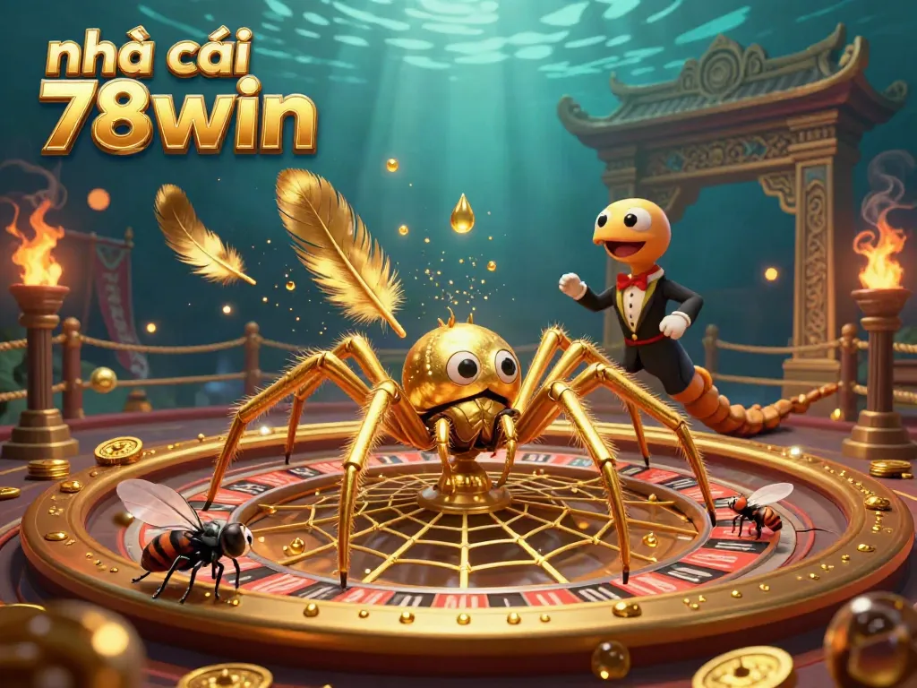 Catch exhilarating moments at nhà cái 78win as a golden spider spins a roulette wheel web amidst vibrant gambling elements.