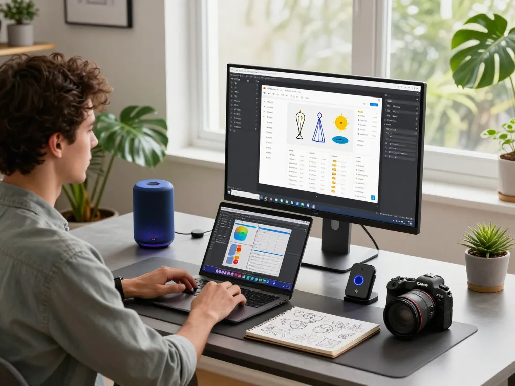 Innovative workspace showcasing must have tech gadgets in a stylish home office.