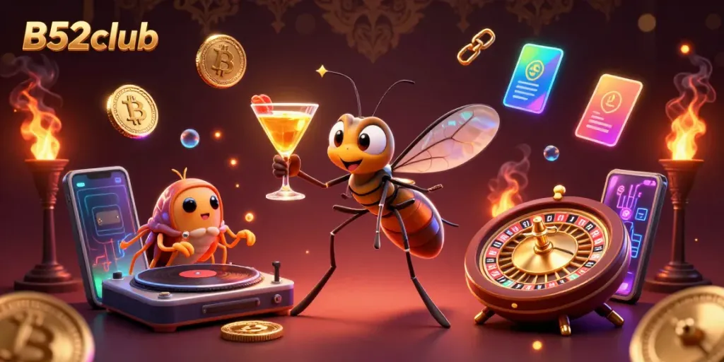 B52club showcases a vibrant 3D casino scene with a unique mosquito mascot and trilobite DJ