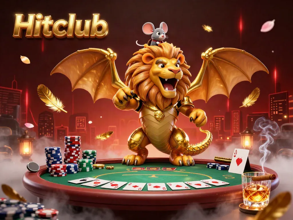 Engage in thrilling poker at Hitclub, featuring a majestic chimera and vibrant casino elements.