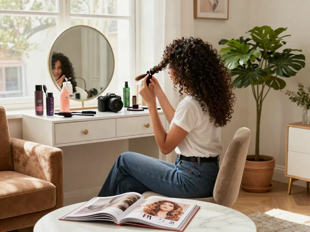 Applying curly clip in hair extensions in a stylish living room for an enhanced look.