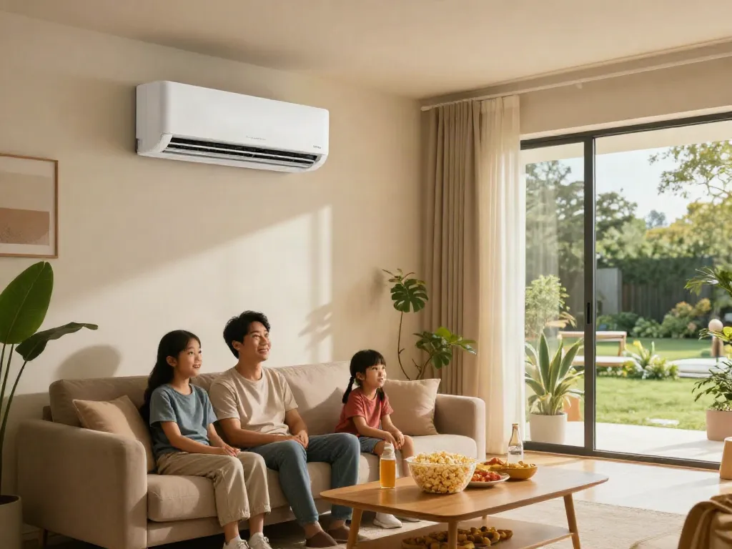 Ductless air conditioner mini in a cozy living room with family enjoying a movie night.