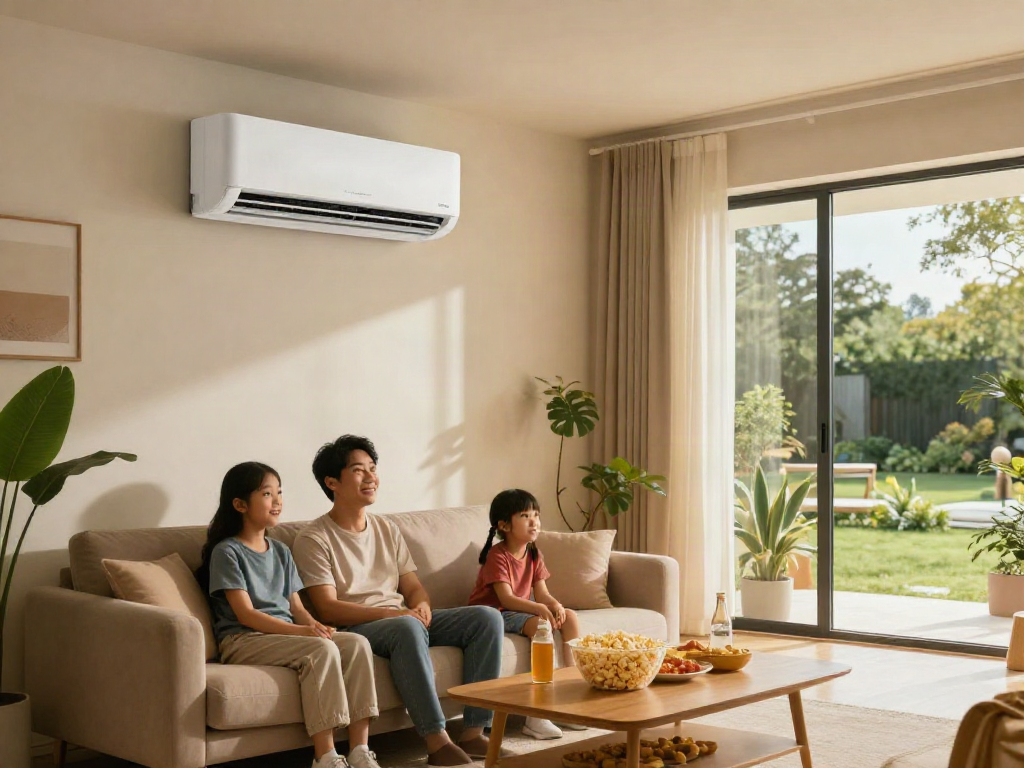 Ductless air conditioner mini in a cozy living room with family enjoying a movie night.