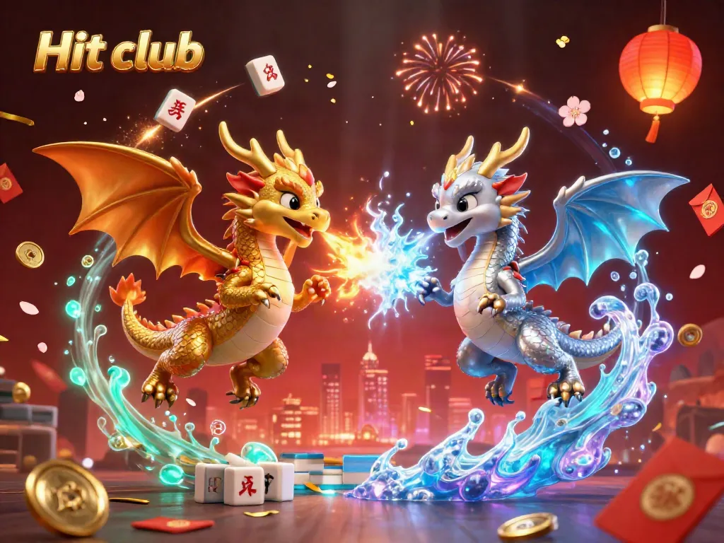 Experience excitement and strategy at Hit club with vibrant casino-themed elements and dynamic dragon characters.
