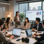 AI innovations in sexual health showcasing ethical practices in sex ai amidst professionals collaborating in a modern workspace.