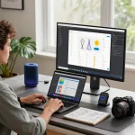 Innovative workspace showcasing must have tech gadgets in a stylish home office.