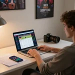 Tham gia cá cược thể thao với Link 12bet trên laptop, trong không gian văn phòng hiện đại.
