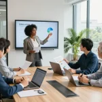 Diverse professionals collaborating in a modern conference room representing leading search firms in strategic hiring discussions.