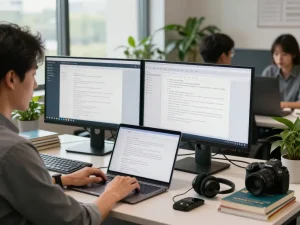 专业语言学家在现代办公空间中使用有道词典，周围有协作元素和柔和的灯光。