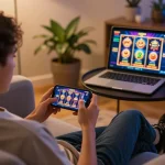 Player enjoying an exciting gaming session with link cm88 mới nhất on mobile, cozy home setup.