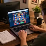Person enjoying online gambling at 88xeng casino, vibrant game graphics on laptop screen