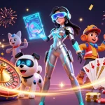 Experience thrilling gameplay with fly88 featuring a futuristic woman and robot in a vibrant casino.