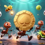 Experience the thrill of bj388 as ants conduct a heist with a golden poker chip, amidst dynamic betting elements.
