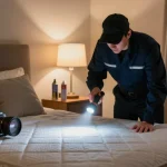 Effective bed bug control methods in a Milwaukee home bedroom during inspection by a professional exterminator.