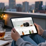 Person browsing to buy cocaine powder online on a tablet from a stylish urban rooftop.