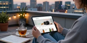 Person browsing to buy cocaine powder online on a tablet from a stylish urban rooftop.