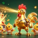 Dewagg showcases an energetic scene with a golden rooster robot and baby chick drones, celebrating casino wins.