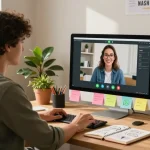 Engaged user on WhatsApp電腦版 in a modern home office setting.