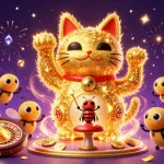 Dabet casino scene featuring a giant lucky cat made of fireflies amidst vibrant casino elements.