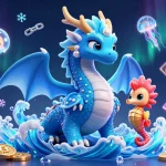 Engage in thrilling gameplay at nk888 with a vibrant scene of a water dragon and seahorse knight amidst glowing crypto coins.