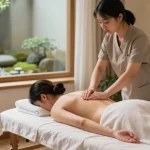 Relaxing 광명출장마사지 session in a tranquil living room with soft lighting and calming atmosphere.