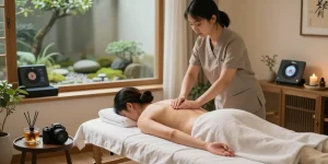 Relaxing 광명출장마사지 session in a tranquil living room with soft lighting and calming atmosphere.