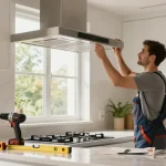 Exhaust hood installation process in a bright modern kitchen with a contractor and tools.