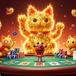 Experience the thrill of QS88 with a lucky cat amidst vibrant casino symbols and poker elements.