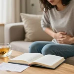 What does anxiety stomach pain feel like illustrated by a person in a cozy setting, showing discomfort and relief methods.