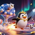 Experience the thrill of 99ok as a golden penguin launches toward a casino in space, surrounded by dynamic sports elements.