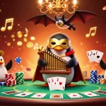 Kuwin online casino illustration with 3D cartoon penguin and poker elements, showcasing vibrant gaming action.