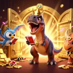 Engage with EA88's vibrant online casino adventure featuring cartoon dinosaurs enjoying card games and stacking chips.