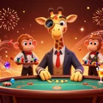 Experience go8 at a vibrant casino scene with high-roller giraffe and festive elements.