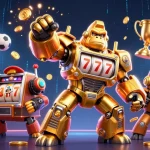 Experience gaming excitement with fly88 com's vibrant 3D illustration featuring golden gorilla mech and dynamic sports elements.