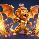 Experience the excitement of qs88 with a golden chimera and treasures overflowing in a vibrant casino scene.