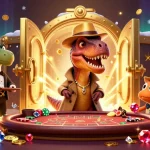 Experience thrilling moments at 11WIN while a velociraptor plays blackjack, surrounded by treasures.
