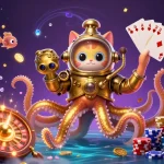 Experience thrilling gambling with EA88, featuring a Kraken, diving cat, and dazzling casino elements.