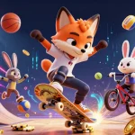 Experience the thrill of lc88 with a skateboarder fox and BMX rabbit amidst flying sports elements and casino symbols.