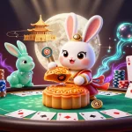 Experience dynamic gambling with QS88 as moon rabbits reveal poker chips amidst vibrant casino elements.