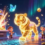 Play exciting games at ea88, featuring a vibrant golden tiger in a dazzling casino environment.