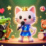 Engage in thrilling gameplay at KUWIN with a dynamic casino scene featuring a jazz-singer cat and friends.