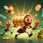 Experience the excitement of ea88 slots with a dynamic illustration of ants carrying a giant slot reel through a vibrant tunnel.