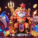 Engage with qs888's vibrant casino scene featuring Neptune with glowing trident and crypto symbols.