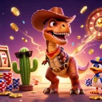 Experience thrilling action with 11WIN and a charming T-Rex amidst cascading jackpots and vibrant casino elements.