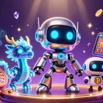 LX88's vibrant gaming adventure with a futuristic robot, an AI dragon, and bitcoin, surrounded by sparkling casino elements.